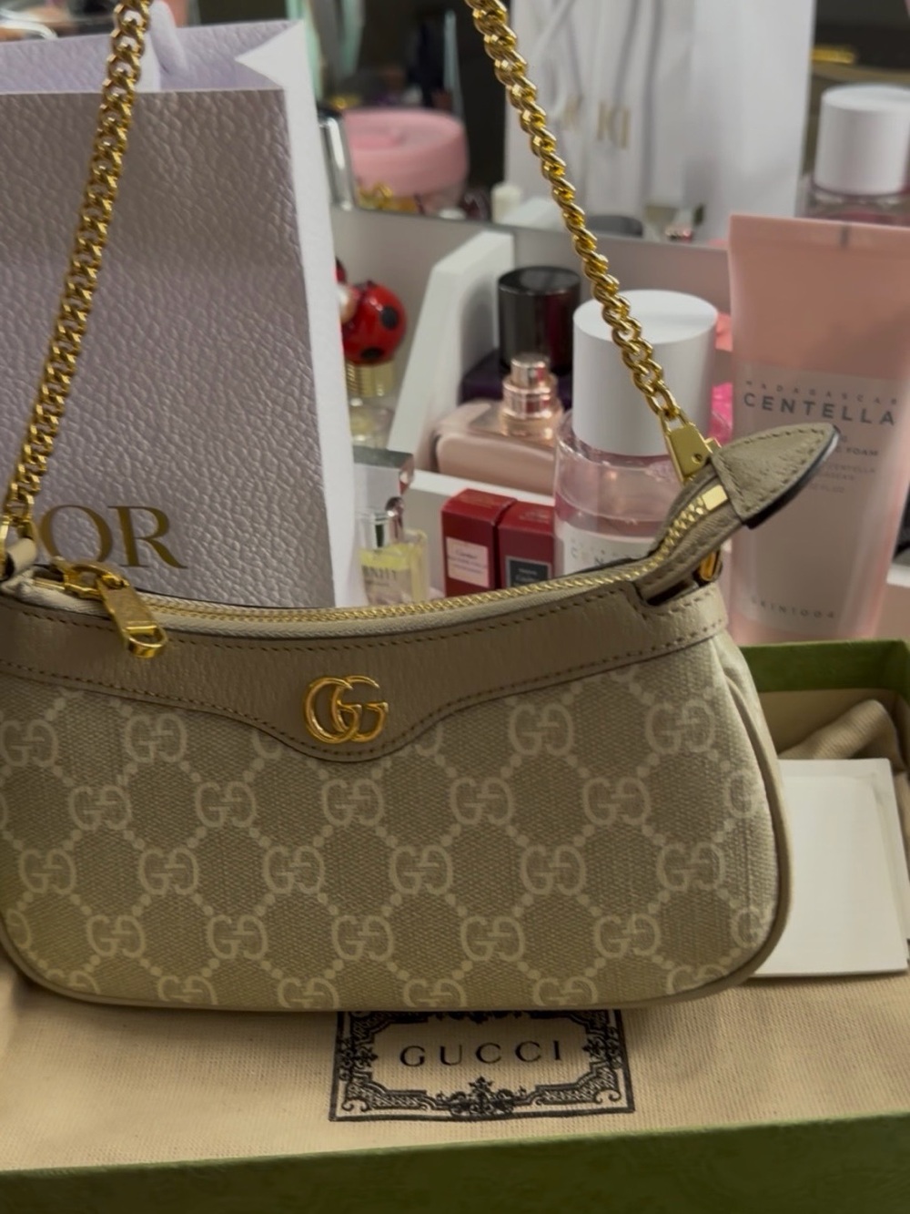 Gucci Beige GG Canvas Shoulder Bag with Gold Chain Accent
